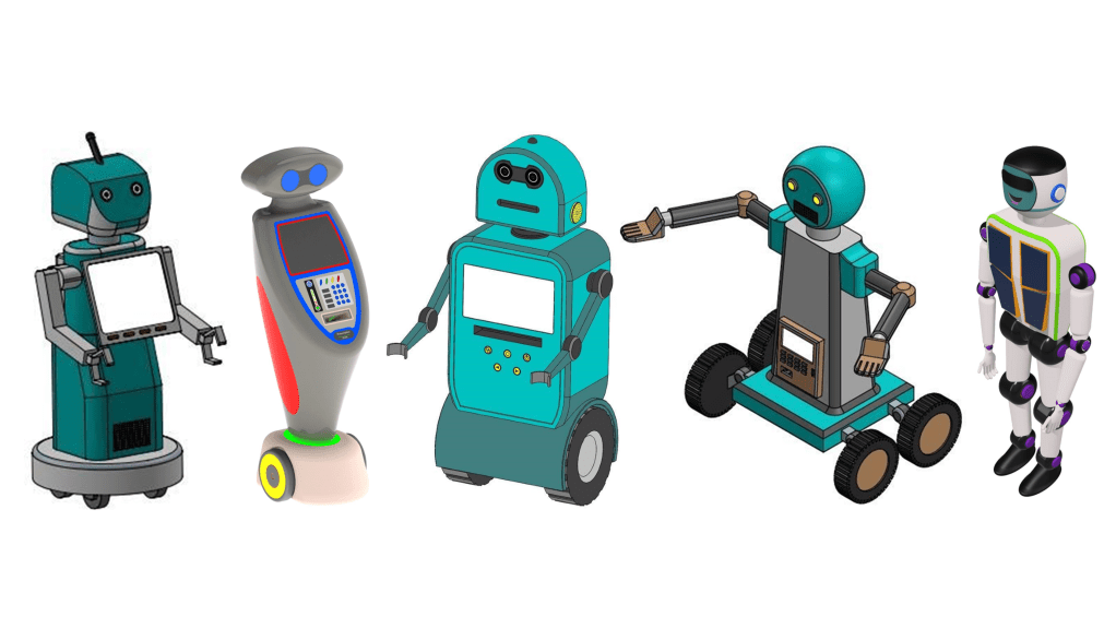 Several humanoid robots representing "inventions" filed as design registrations in the UK on behalf of academics.