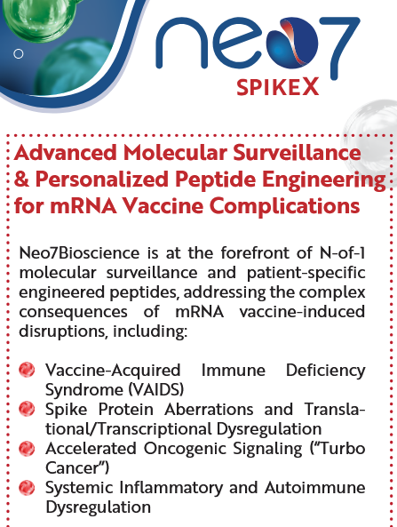 Advanced Molecular Surveillance
& Personalized Peptide Engineering
for mRNA Vaccine Complications
Neo7Bioscience is at the forefront of N-of-1
molecular surveillance and patient-specific
engineered peptides, addressing the complex
consequences of mRNA vaccine-induced
disruptions, including:
Vaccine-Acquired Immune Deficiency
Syndrome (VAIDS)
Spike Protein Aberrations and Transla-
tional/Transcriptional Dysregulation
Accelerated Oncogenic Signaling (“Turbo
Cancer”)
Systemic Inflammatory and Autoimmune
Dysregulation