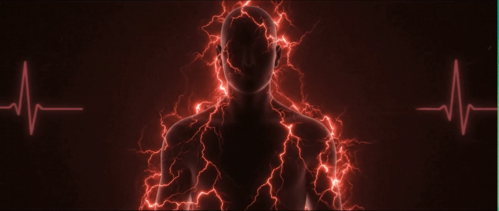 A silhouetted figure is enveloped in red lightning
