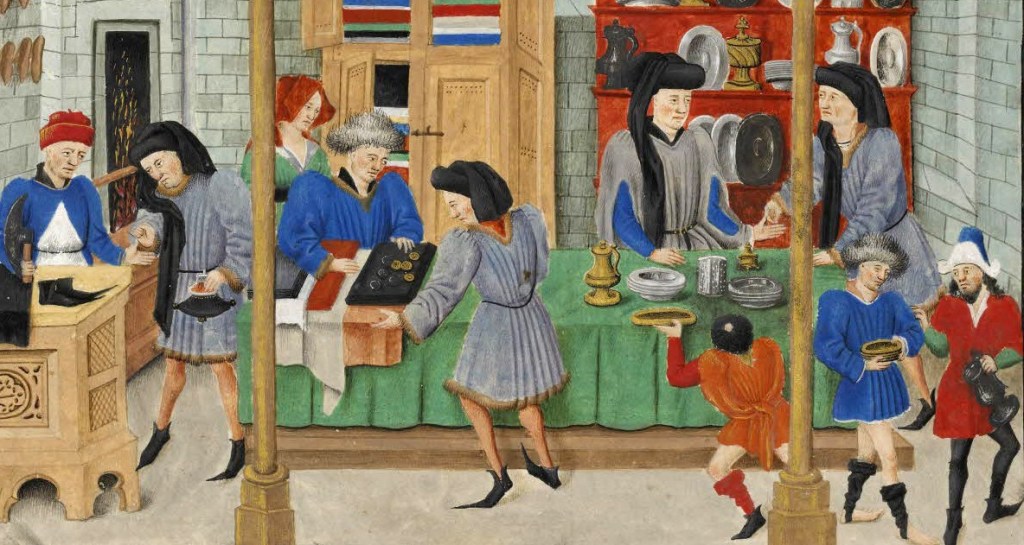 A 15th-century illustration of merchants hawking their wares in a marketplace.